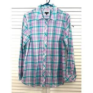Talbots Womens Button Down Shirt Size Large Plaid Blue Pink White 100% Cotton